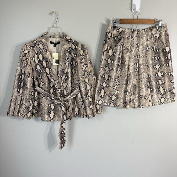 VTG Nine West Skirt Suit Brown Snake Print Pleated Belted Blazer Size 8 New